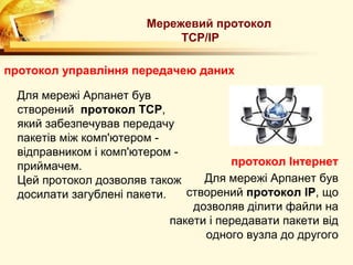 Мережевий протокол
                             TCP/IP

протокол управління передачею даних

  Для мережі Арпанет був
  створений протокол ТСP,
  який забезпечував передачу
  пакетів між комп'ютером -
  відправником і комп'ютером -
  приймачем.                            протокол Інтернет
  Цей протокол дозволяв також      Для мережі Арпанет був
  досилати загублені пакети.    створений протокол IP, що
                                 дозволяв ділити файли на
                             пакети і передавати пакети від
                                   одного вузла до другого
 