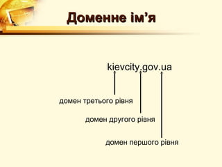 Доменне ім’я


             kievcity.gov.ua


домен третього рівня

       домен другого рівня


            домен першого рівня
 
