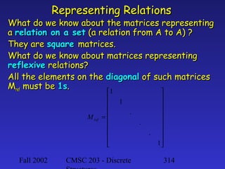 Representing Relations

What do we know about the matrices representing
a relation on a set (a relation from A to A) ?
They are square matrices.
What do we know about matrices representing
reflexive relations?
All the elements on the diagonal of such matrices
Mref must be 1s.
1
M ref

Fall 2002





=






1
.

CMSC 203 - Discrete

.








.

1


314

 