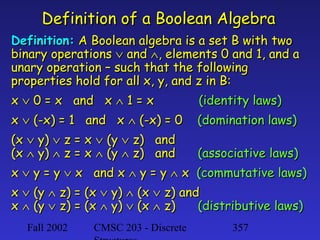 Definition of a Boolean Algebra
Definition: A Boolean algebra is a set B with two
binary operations ∨ and ∧, elements 0 and 1, and a
unary operation – such that the following
properties hold for all x, y, and z in B:
x ∨ 0 = x and x ∧ 1 = x

(identity laws)

x ∨ (-x) = 1 and x ∧ (-x) = 0

(domination laws)

(x ∨ y) ∨ z = x ∨ (y ∨ z) and
(x ∧ y) ∧ z = x ∧ (y ∧ z) and

(associative laws)

x ∨ y = y ∨ x and x ∧ y = y ∧ x (commutative laws)
x ∨ (y ∧ z) = (x ∨ y) ∧ (x ∨ z) and
x ∧ (y ∨ z) = (x ∧ y) ∨ (x ∧ z)
(distributive laws)
Fall 2002

CMSC 203 - Discrete

357

 