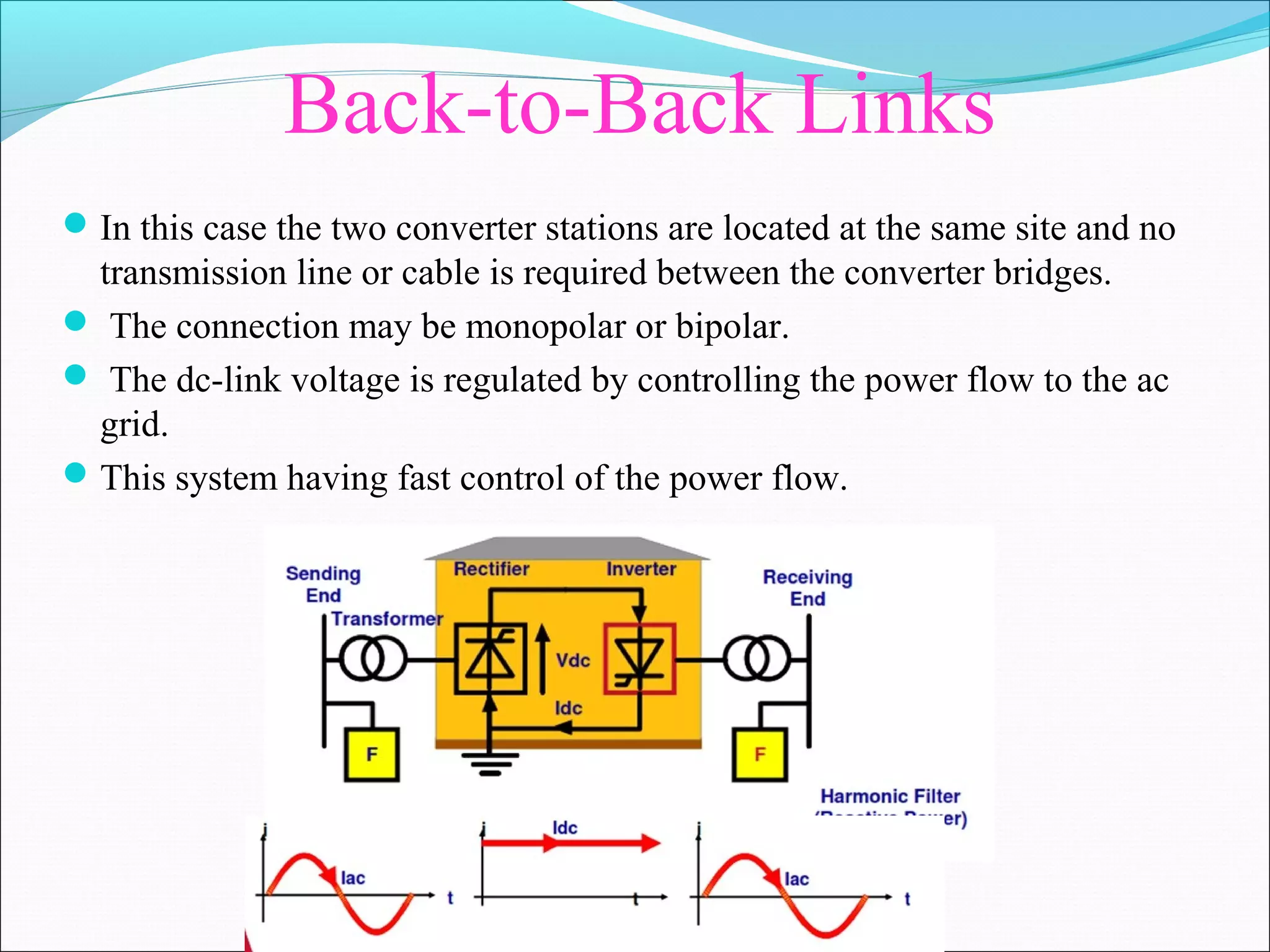 Back-to-Back Links
In this case the two converter stations are located at the same site and no
transmission line or cable is required between the converter bridges.
 The connection may be monopolar or bipolar.
 The dc-link voltage is regulated by controlling the power flow to the ac
grid.
This system having fast control of the power flow.
 