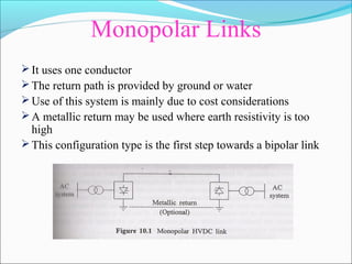 Monopolar Links
It uses one conductor
The return path is provided by ground or water
Use of this system is mainly due to cost considerations
A metallic return may be used where earth resistivity is too
high
This configuration type is the first step towards a bipolar link
 
