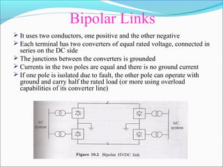 Bipolar Links
 It uses two conductors, one positive and the other negative
 Each terminal has two converters of equal rated voltage, connected in
series on the DC side
 The junctions between the converters is grounded
 Currents in the two poles are equal and there is no ground current
 If one pole is isolated due to fault, the other pole can operate with
ground and carry half the rated load (or more using overload
capabilities of its converter line)
 
