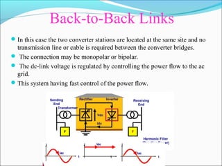 Back-to-Back Links
In this case the two converter stations are located at the same site and no
transmission line or cable is required between the converter bridges.
 The connection may be monopolar or bipolar.
 The dc-link voltage is regulated by controlling the power flow to the ac
grid.
This system having fast control of the power flow.
 