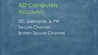 SID, Username, & PW
Secure Channel
Broken Secure Channel
AD Computers
Accounts
 