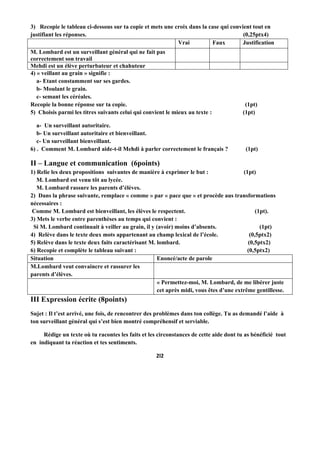 3) Recopie le tableau ci-dessous sur ta copie et mets une croix dans la case qui convient tout en
justifiant les réponses. (0,25ptx4)
Vrai Faux Justification
M. Lombard est un surveillant général qui ne fait pas
correctement son travail
Mehdi est un élève perturbateur et chahuteur
4) « veillant au grain » signifie :
a- Etant constamment sur ses gardes.
b- Moulant le grain.
c- semant les céréales.
Recopie la bonne réponse sur ta copie. (1pt)
5) Choisis parmi les titres suivants celui qui convient le mieux au texte : (1pt)
a- Un surveillant autoritaire.
b- Un surveillant autoritaire et bienveillant.
c- Un surveillant bienveillant.
6) . Comment M. Lombard aide-t-il Mehdi à parler correctement le français ? (1pt)
II – Langue et communication (6points)
1) Relie les deux propositions suivantes de manière à exprimer le but : (1pt)
M. Lombard est venu tôt au lycée.
M. Lombard rassure les parents d’élèves.
2) Dans la phrase suivante, remplace « comme » par « pace que » et procède aus transformations
nécessaires :
Comme M. Lombard est bienveillant, les élèves le respectent. (1pt).
3) Mets le verbe entre parenthèses au temps qui convient :
Si M. Lombard continuait à veiller au grain, il y (avoir) moins d’absents. (1pt)
4) Relève dans le texte deux mots appartenant au champ lexical de l’école. (0,5ptx2)
5) Relève dans le texte deux faits caractérisant M. lombard. (0,5ptx2)
6) Recopie et complète le tableau suivant : (0,5ptx2)
Situation Enoncé/acte de parole
M.Lombard veut convaincre et rassurer les
parents d’élèves.
« Permettez-moi, M. Lombard, de me libérer juste
cet après midi, vous êtes d’une extrême gentillesse.
III Expression écrite (8points)
Sujet : Il t’est arrivé, une fois, de rencontrer des problèmes dans ton collège. Tu as demandé l’aide à
ton surveillant général qui s’est bien montré compréhensif et serviable.
Rédige un texte où tu racontes les faits et les circonstances de cette aide dont tu as bénéficié tout
en indiquant ta réaction et tes sentiments.
2l2
 
