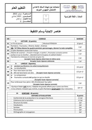 ‫اإلعدادي‬ ‫السلك‬ ‫شهادة‬ ‫نيل‬ ‫امتحانات‬
‫الموحد‬ ‫الجهوي‬ ‫االمتحان‬
‫العام‬ ‫التعليم‬
‫المادة‬:‫الفرنسية‬ ‫اللغة‬1
1
‫الــــــــدورة‬:‫يونيو‬2015
‫المستـــــوى‬:‫إعدادي‬ ‫الثالثة‬
‫اإلنجـاز‬ ‫مدة‬:‫ساعتان‬
‫المعامـــــــل‬:3
‫التنقيط‬ ‫وسلم‬ ‫اإلجابة‬ ‫عناصر‬
BAREMECORRIGENR
I- LECTURE : (6 points).
0.5pt×2Mouloud FERAOUNLe Fils du pauvre01
1 pt
Ramdane ; Fouroulou ; Ahcène ;Dadar ; (Fatma).
NB / Si l’élève donne les quatre premiers personnages, donner la note complète.
02
1 ptLe père Ramdane revient de France.03
1 pt
/béants de surprise/ ; /n’osant ni bouger, ni parler/ ; /Fouroulou sursauta comme
quelqu’un qui se réveille/ ; /abandonnant le troupeau et oubliant Dadar/
04
1 pt
Ramdane les embrassa en riant de son gros rire.
(accepter toute réponse allant dans le même sens)
05
1 ptAccepter toute réponse cohérente06
II- LANGUE : (6points).
×20.5 pt
a- pendant qu’Ahcène s’en allait tranquillement.
b- La simultanéité.
07
0.5 pt ×2
a- Pour faire boire son âne.
b- Afin de faire boire son âne. (Accepter toute réponse correcte)
08
0.5 pt ×2
a- La comparaison
b- Fouroulou sursauta tel quelqu’un qui se réveille
(Accepter toute réponse correcte)
09
1 pt
Pour embrasser leur père / afin d’embrasser leur père
(Accepter toute réponse correcte)
10
×21pt
-Quoique Dadar soit jeune, il déploie de grands efforts pour suivre son frère.
-Si les enfants n’étaient pas rentrés, le père Ramdane serait parti à leur rencontre.
11
III- ECRITURE : (8 points).
CRITERES D’EVALUATION 8 points
- Conformité de la production à la consigne d’écriture. 1.5 pt
- Cohérence de la narration. 1.5 pt
- Structure du texte. 1pt
- Vocabulaire. 1pt
- Syntaxe. 1pt
- Ponctuation. 1pt
- Orthographe et conjugaison. 1pt
 