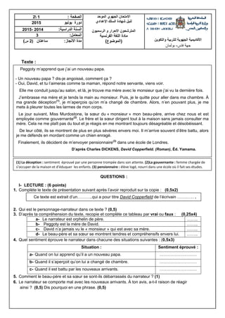 Texte :
QUESTIONS :
I- LECTURE : (6 points)
1. Complète le texte de présentation suivant après l’avoir reproduit sur ta copie : (0,5x2)
2. Qui est le personnage-narrateur dans ce texte ? (0,5)
3. D’après ta compréhension du texte, recopie et complète ce tableau par vrai ou faux : (0,25x4)
a- Le narrateur est orphelin de père. ……..
b- Peggoty est la mère de David. ……..
c- David n’a jamais vu le « monsieur » qui est avec sa mère. ……..
d- Le beau-père et sa sœur se montrent tendres et compréhensifs envers lui. ……..
4. Quel sentiment éprouve le narrateur dans chacune des situations suivantes : (0,5x3)
Situation : Sentiment éprouvé :
a- Quand on lui apprend qu’il a un nouveau papa. ………………………
b- Quand il s’aperçoit qu’on lui a changé de chambre. ………………………
c- Quand il est battu par les nouveaux arrivants. ………………………
5. Comment le beau-père et sa sœur se sont-ils débarrassés du narrateur ? (1)
6. Le narrateur se comporte mal avec les nouveaux arrivants. À ton avis, a-t-il raison de réagir
ainsi ? (0,5) Dis pourquoi en une phrase. (0,5)
‫الصفحة‬:12 ‫الموحد‬ ‫الجهوي‬ ‫االمتحان‬
‫اإلعدادي‬ ‫السلك‬ ‫شهادة‬ ‫لنيل‬
‫الرسميون‬ ‫و‬ ‫االحرار‬ ‫المترشحون‬
‫الفرنسية‬ ‫اللغة‬ ‫مادة‬
(‫)الموضوع‬ ‫والتكوين‬ ‫للتربية‬ ‫الجهوية‬ ‫األكاديمية‬
‫فاس‬ ‫جهة‬-‫بولمان‬
‫دورة‬‫ي‬‫ونيو‬2015
‫السنة‬‫الدراس‬‫ية‬:2012-2015
‫المعامل‬:3
‫االنج‬ ‫مدة‬‫از‬:‫ساعتان‬(2‫س‬)
(1) La déception : sentiment éprouvé par une personne trompée dans son attente. (2)La gouvernante : femme chargée de
s’occuper de la maison et d’éduquer les enfants. (3) pensionnaire : élève logé, nourri dans une école où il fait ses études.
Ce texte est extrait d’un………..qui a pour titre David Copperfield de l’écrivain ………… .
.
Peggoty m’apprend que j’ai un nouveau papa.
- Un nouveau papa ? dis-je angoissé, comment ça ?
- Oui, David, et tu l’aimeras comme ta maman, répond notre servante, viens voir.
Elle me conduit jusqu’au salon, et là, je trouve ma mère avec le monsieur que j’ai vu la dernière fois.
J’embrasse ma mère et je tends la main au monsieur. Puis, je le quitte pour aller dans ma chambre. À
ma grande déception(1)
, je m’aperçois qu’on m’a changé de chambre. Alors, n’en pouvant plus, je me
mets à pleurer toutes les larmes de mon corps.
Le jour suivant, Miss Murdostone, la sœur du « monsieur » mon beau-père, arrive chez nous et est
employée comme gouvernante(2)
. Le frère et la sœur dirigent tout à la maison sans jamais consulter ma
mère. Cela ne me plaît pas du tout et je réagis en me montrant toujours désagréable et désobéissant.
De leur côté, ils se montrent de plus en plus sévères envers moi. Il m’arrive souvent d’être battu, alors
je me défends en mordant comme un chien enragé.
Finalement, ils décident de m’envoyer pensionnaire(3)
dans une école de Londres.
D’après Charles DICKENS, David Copperfield. (Roman), Éd. Yamama.
 