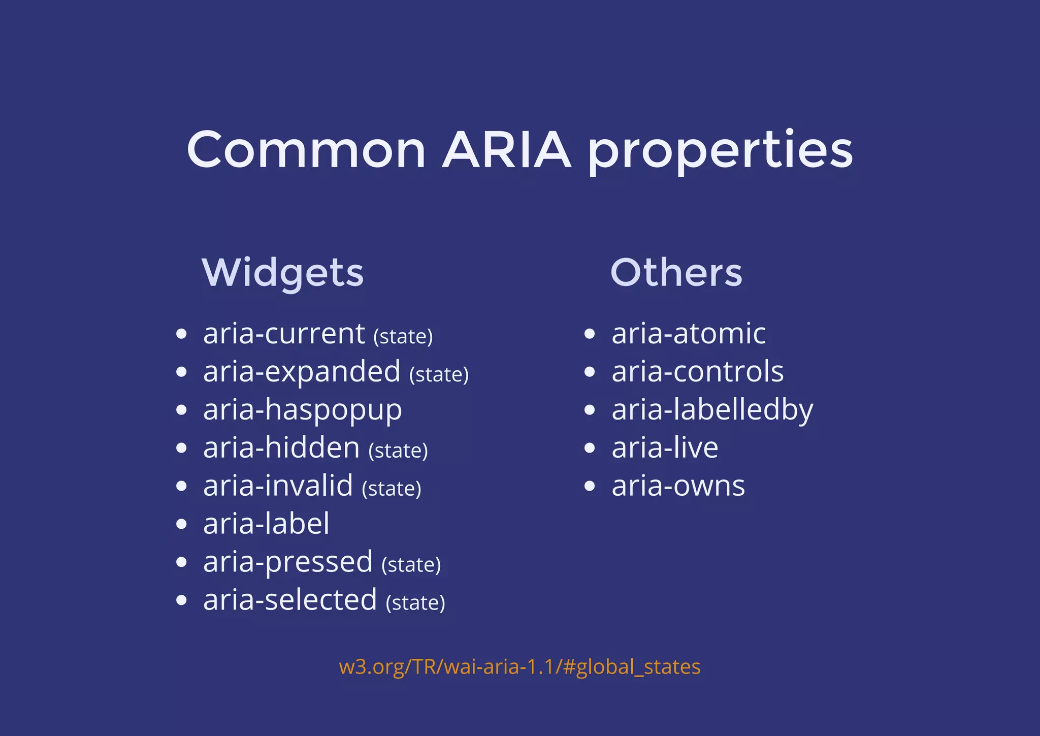 Common ARIA properties
aria-current (state)
aria-expanded (state)
aria-haspopup
aria-hidden (state)
aria-invalid (state)
aria-label
aria-pressed (state)
aria-selected (state)
w3.org/TR/wai-aria-1.1/#global_states
Widgets
aria-atomic
aria-controls
aria-labelledby
aria-live
aria-owns
Others
 