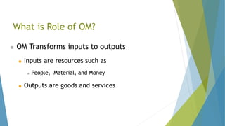  OM Transforms inputs to outputs
 Inputs are resources such as
 People, Material, and Money
 Outputs are goods and services
What is Role of OM?
 