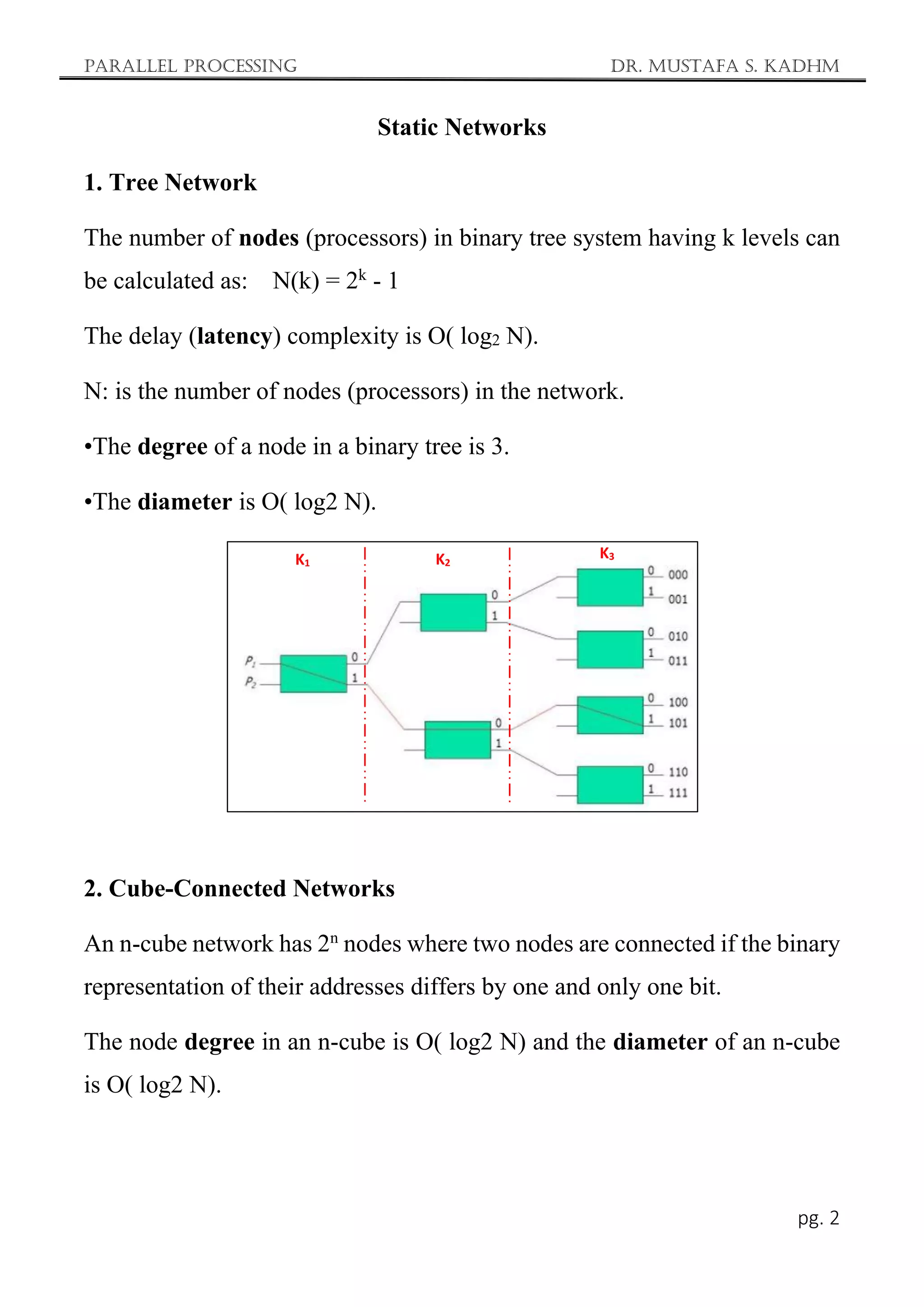 Parallel Processing Dr. Mustafa S. Kadhm
pg. 2
Static Networks
1. Tree Network
The number of nodes (processors) in binary tree system having k levels can
be calculated as: N(k) = 2k
- 1
The delay (latency) complexity is O( log2 N).
N: is the number of nodes (processors) in the network.
•The degree of a node in a binary tree is 3.
•The diameter is O( log2 N).
2. Cube-Connected Networks
An n-cube network has 2n
nodes where two nodes are connected if the binary
representation of their addresses differs by one and only one bit.
The node degree in an n-cube is O( log2 N) and the diameter of an n-cube
is O( log2 N).
K1 K2
K3
 