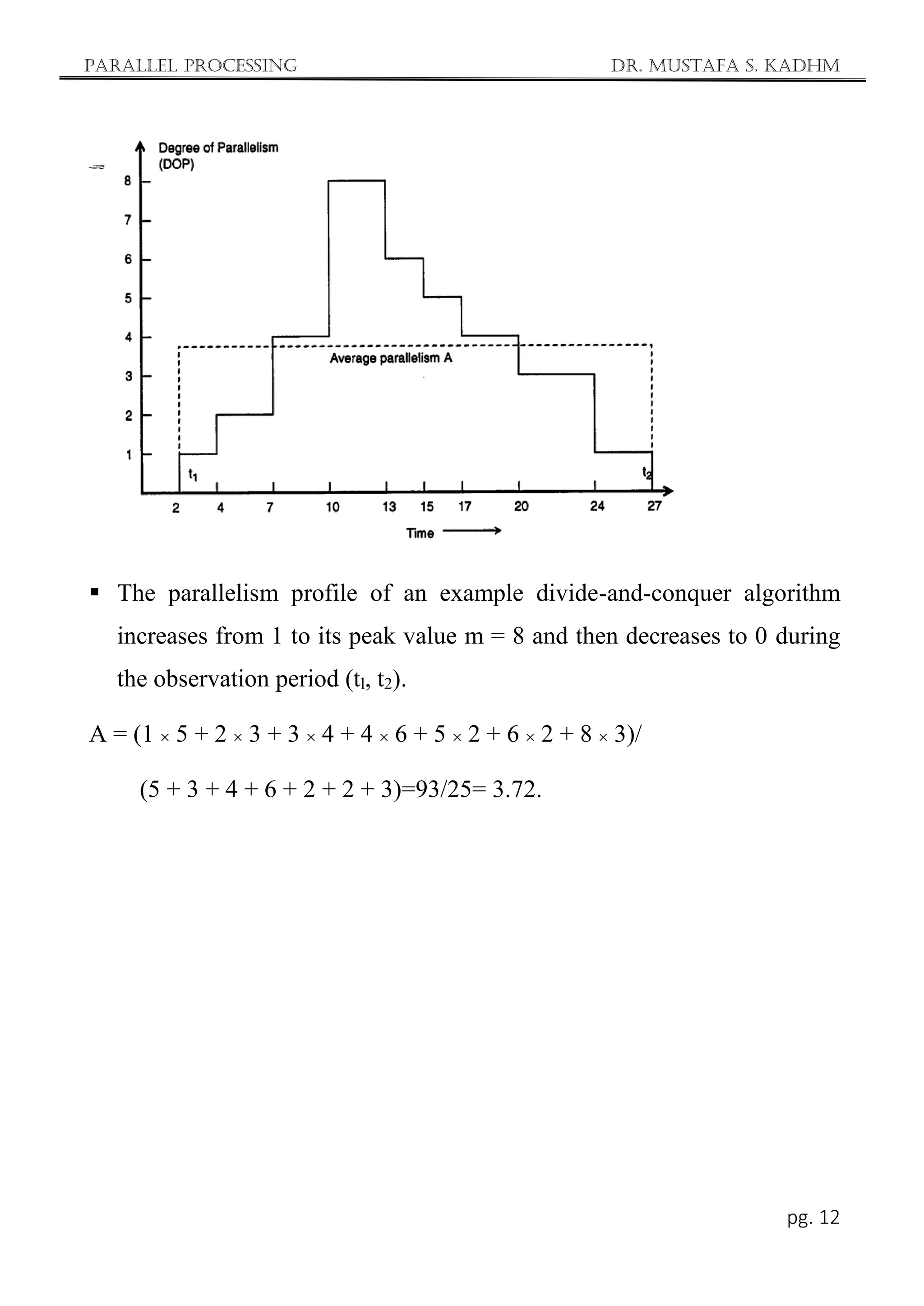 Parallel Processing Dr. Mustafa S. Kadhm
pg. 12
 The parallelism profile of an example divide-and-conquer algorithm
increases from 1 to its peak value m = 8 and then decreases to 0 during
the observation period (tl, t2).
A = (1  5 + 2  3 + 3  4 + 4  6 + 5  2 + 6  2 + 8  3)/
(5 + 3 + 4 + 6 + 2 + 2 + 3)=93/25= 3.72.
 