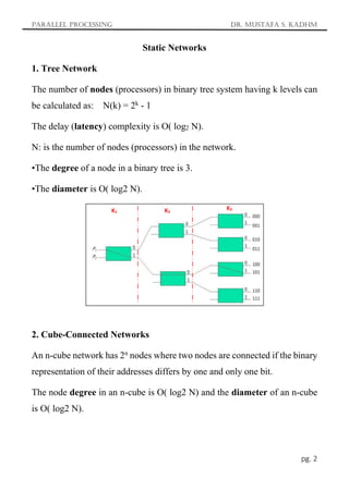 Parallel Processing Dr. Mustafa S. Kadhm
pg. 2
Static Networks
1. Tree Network
The number of nodes (processors) in binary tree system having k levels can
be calculated as: N(k) = 2k
- 1
The delay (latency) complexity is O( log2 N).
N: is the number of nodes (processors) in the network.
•The degree of a node in a binary tree is 3.
•The diameter is O( log2 N).
2. Cube-Connected Networks
An n-cube network has 2n
nodes where two nodes are connected if the binary
representation of their addresses differs by one and only one bit.
The node degree in an n-cube is O( log2 N) and the diameter of an n-cube
is O( log2 N).
K1 K2
K3
 