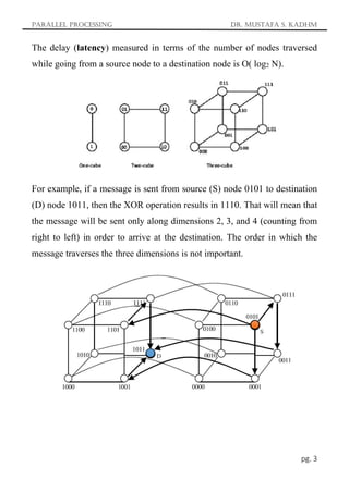 Parallel Processing Dr. Mustafa S. Kadhm
pg. 3
The delay (latency) measured in terms of the number of nodes traversed
while going from a source node to a destination node is O( log2 N).
For example, if a message is sent from source (S) node 0101 to destination
(D) node 1011, then the XOR operation results in 1110. That will mean that
the message will be sent only along dimensions 2, 3, and 4 (counting from
right to left) in order to arrive at the destination. The order in which the
message traverses the three dimensions is not important.
 