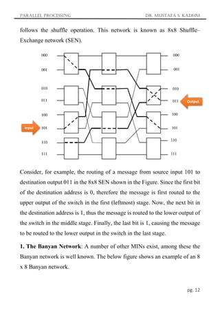 Parallel Processing Dr. Mustafa S. Kadhm
pg. 12
follows the shuffle operation. This network is known as 8x8 Shuffle–
Exchange network (SEN).
Consider, for example, the routing of a message from source input 101 to
destination output 011 in the 8x8 SEN shown in the Figure. Since the first bit
of the destination address is 0, therefore the message is first routed to the
upper output of the switch in the first (leftmost) stage. Now, the next bit in
the destination address is 1, thus the message is routed to the lower output of
the switch in the middle stage. Finally, the last bit is 1, causing the message
to be routed to the lower output in the switch in the last stage.
1. The Banyan Network: A number of other MINs exist, among these the
Banyan network is well known. The below figure shows an example of an 8
x 8 Banyan network.
Input
Output
 