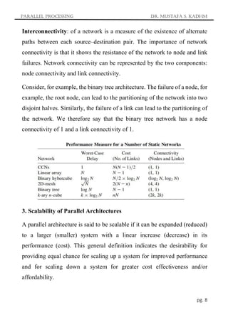 Parallel Processing Dr. Mustafa S. Kadhm
pg. 8
Interconnectivity: of a network is a measure of the existence of alternate
paths between each source–destination pair. The importance of network
connectivity is that it shows the resistance of the network to node and link
failures. Network connectivity can be represented by the two components:
node connectivity and link connectivity.
Consider, for example, the binary tree architecture. The failure of a node, for
example, the root node, can lead to the partitioning of the network into two
disjoint halves. Similarly, the failure of a link can lead to the partitioning of
the network. We therefore say that the binary tree network has a node
connectivity of 1 and a link connectivity of 1.
3. Scalability of Parallel Architectures
A parallel architecture is said to be scalable if it can be expanded (reduced)
to a larger (smaller) system with a linear increase (decrease) in its
performance (cost). This general definition indicates the desirability for
providing equal chance for scaling up a system for improved performance
and for scaling down a system for greater cost effectiveness and/or
affordability.
 