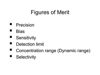 Figures of Merit
 Precision
 Bias
 Sensitivity
 Detection limit
 Concentration range (Dynamic range)
 Selectivity
 