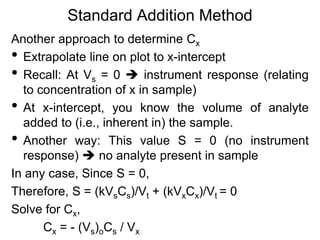 Standard Addition Method
Another approach to determine Cx
• Extrapolate line on plot to x-intercept
• Recall: At Vs = 0  instrument response (relating
to concentration of x in sample)
• At x-intercept, you know the volume of analyte
added to (i.e., inherent in) the sample.
• Another way: This value S = 0 (no instrument
response)  no analyte present in sample
In any case, Since S = 0,
Therefore, S = (kVsCs)/Vt + (kVxCx)/Vt = 0
Solve for Cx,
Cx = - (Vs)oCs / Vx
 