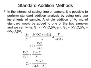 Standard Addition Methods
• In the interest of saving time or sample, it is possible to
perform standard addition analysis by using only two
increments of sample. A single addition of Vs mL of
standard would be added to one of the two samples
and we can write, S1 = (kVxCx)/Vt and S2 = (kVxCx)/Vt +
(kVsCs)/Vt
S
S
k V C V C
V
X
V
kV C
V C
V C
V C
V C
S S
S
C
S VC
V S S
x x s s
t
t
x x
s s
x x
s s
x x
x
s
x
2
1
2 1
1
1
2 1
1


 




( )
( )
 