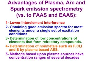 Advantages of Plasma, Arc and
Spark emission spectrometry
(vs. to FAAS and EAAS):
1- Lower interelement interference
2- Obtaining good emission spectra for most
elements under a single set of excitation
conditions
3- Determination of low concentrations of
elements that form refractory compounds.
4- Determination of nonmetals such as F,Cl,I
and S by plasma based AES.
5- Methods based upon plasma sources have
concentration ranges of several decades
 