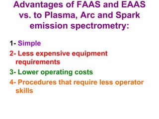 Advantages of FAAS and EAAS
vs. to Plasma, Arc and Spark
emission spectrometry:
1- Simple
2- Less expensive equipment
requirements
3- Lower operating costs
4- Procedures that require less operator
skills
 