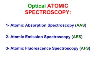 Optical ATOMIC
SPECTROSCOPY:
1- Atomic Absorption Spectroscopy (AAS)
2- Atomic Emission Spectroscopy (AES)
3- Atomic Fluorescence Spectroscopy (AFS)
 