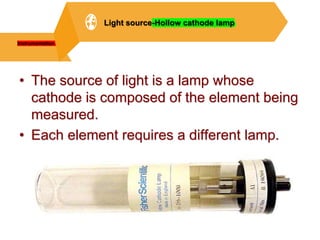• The source of light is a lamp whose
cathode is composed of the element being
measured.
• Each element requires a different lamp.
Instrumentation
Light source-Hollow cathode lamp
 