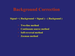 Background Correction
Signal = ( Background + Signal ) – ( Backgound )
• Two-line method
• Continuum source method
• Self-reversal method
• Zeeman method
 