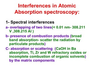 Interferences in Atomic
Absorption spectroscopy:
1- Spectral interferences
a- overlapping of two lines(< 0.01 nm- 308.211
V ,308.215 Al )
b- presence of combustion products (broad
band absorption- scatter the radiation by
particulate products)
C- absorption or scattering (CaOH in Ba
absorption, Ti, Zr and W refractory oxides or
incomplete combustion of organic solvents)
by the matrix components
 