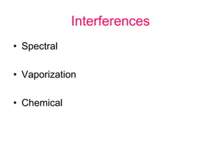 Interferences
• Spectral
• Vaporization
• Chemical
 