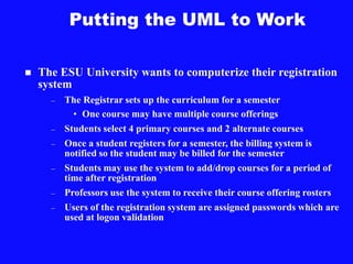 Putting the UML to Work
 The ESU University wants to computerize their registration
system
– The Registrar sets up the curriculum for a semester
• One course may have multiple course offerings
– Students select 4 primary courses and 2 alternate courses
– Once a student registers for a semester, the billing system is
notified so the student may be billed for the semester
– Students may use the system to add/drop courses for a period of
time after registration
– Professors use the system to receive their course offering rosters
– Users of the registration system are assigned passwords which are
used at logon validation
 