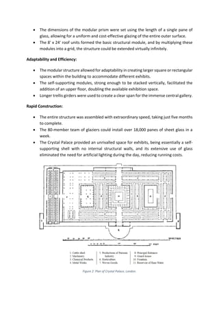 • The dimensions of the modular prism were set using the length of a single pane of
glass, allowing for a uniform and cost-effective glazing of the entire outer surface.
• The 8' x 24' roof units formed the basic structural module, and by multiplying these
modules into a grid, the structure could be extended virtually infinitely.
Adaptability and Efficiency:
• The modular structure allowed for adaptability in creating larger square or rectangular
spaces within the building to accommodate different exhibits.
• The self-supporting modules, strong enough to be stacked vertically, facilitated the
addition of an upper floor, doubling the available exhibition space.
• Longer trellis girders were used to create a clear span for the immense central gallery.
Rapid Construction:
• The entire structure was assembled with extraordinary speed, taking just five months
to complete.
• The 80-member team of glaziers could install over 18,000 panes of sheet glass in a
week.
• The Crystal Palace provided an unrivalled space for exhibits, being essentially a self-
supporting shell with no internal structural walls, and its extensive use of glass
eliminated the need for artificial lighting during the day, reducing running costs.
Figure 2: Plan of Crystal Palace, London.
 