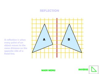 REFLECTION A reflection is when every point of an object moves to the same distance on the opposite side of a fixed line. A B MAIN MENU INVERSE 