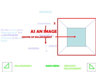 INVERSE For the  inverse  of an “ Enlargement ,” You have to find the  reciprocal  of the  scale factor.   For Example.. Scale Factor: RECIPROCAL 1   (HALF) 2  INVERSE= 2 AS AN IMAGE   CENTRE OF ENLARGEMENT MAIN MENU ENLARGEMENT NEGATIVE ENLARGEMENT 