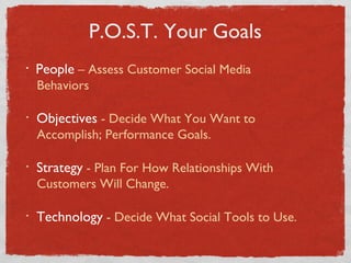 P.O.S.T. Your Goals People  – Assess Customer Social Media    Behaviors Objectives  - Decide What You Want to    Accomplish; Performance Goals. Strategy  - Plan For How Relationships With    Customers Will Change. Technology  - Decide What Social Tools to Use. 