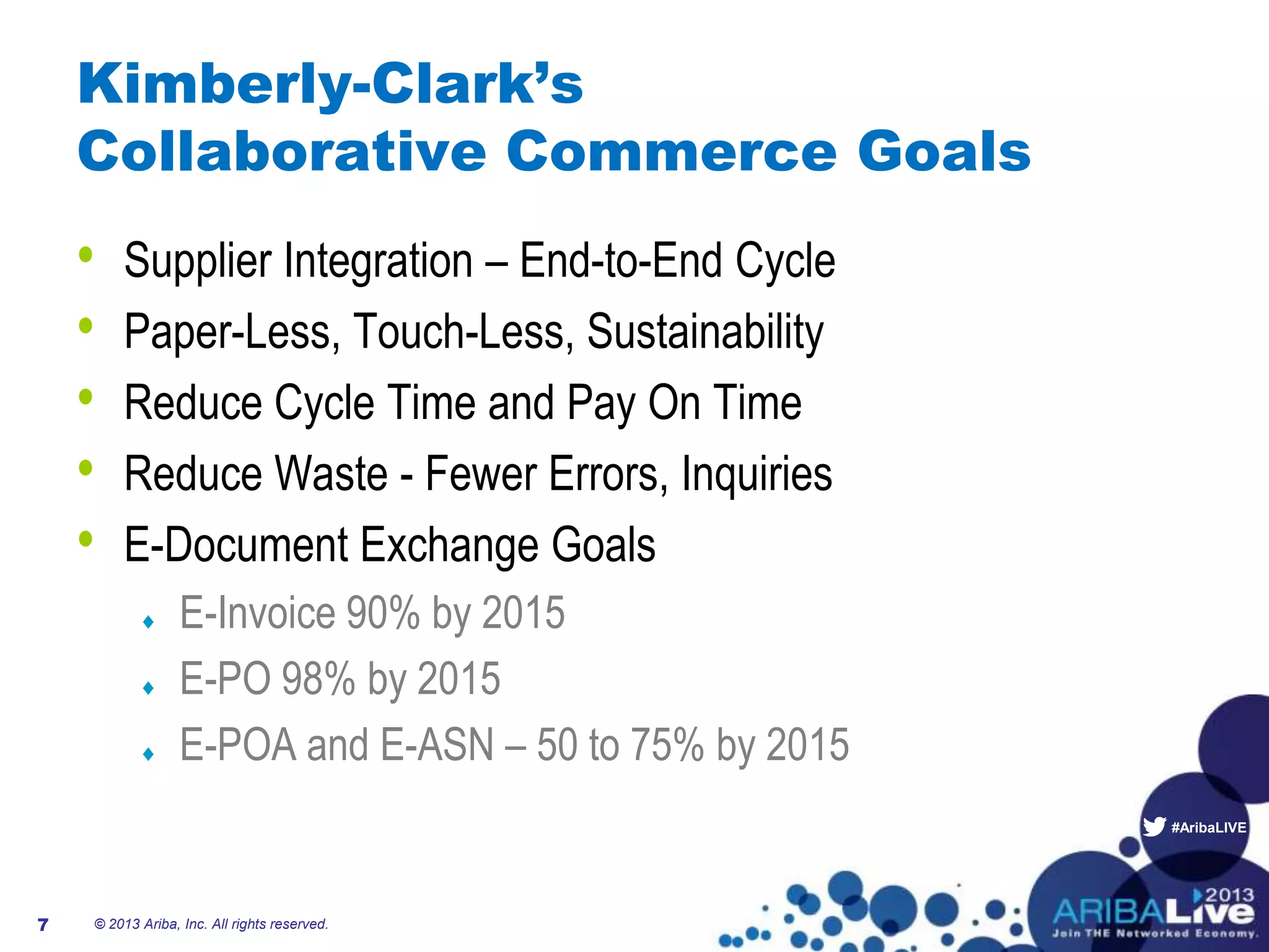 #AribaLIVE
Kimberly-Clark’s
Collaborative Commerce Goals
• Supplier Integration – End-to-End Cycle
• Paper-Less, Touch-Less, Sustainability
• Reduce Cycle Time and Pay On Time
• Reduce Waste - Fewer Errors, Inquiries
• E-Document Exchange Goals
E-Invoice 90% by 2015
E-PO 98% by 2015
E-POA and E-ASN – 50 to 75% by 2015
© 2013 Ariba, Inc. All rights reserved.7
 