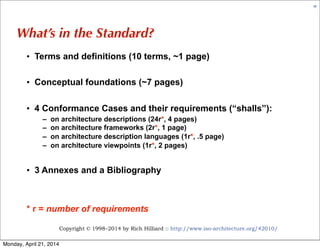 Copyright © 1998–2014 by Rich Hilliard :: http://www.iso-architecture.org/42010/
20
What’s in the Standard?
• Terms and definitions (10 terms, ~1 page)
• Conceptual foundations (~7 pages)
• 4 Conformance Cases and their requirements (“shalls”):
– on architecture descriptions (24r*, 4 pages)
– on architecture frameworks (2r*, 1 page)
– on architecture description languages (1r*, .5 page)
– on architecture viewpoints (1r*, 2 pages)
• 3 Annexes and a Bibliography
* r = number of requirements
Monday, April 21, 2014
 