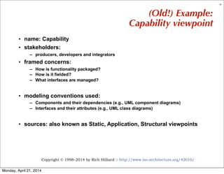 Copyright © 1998–2014 by Rich Hilliard :: http://www.iso-architecture.org/42010/
44
(Old!) Example:
Capability viewpoint
•...