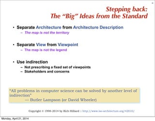 Copyright © 1998–2014 by Rich Hilliard :: http://www.iso-architecture.org/42010/
68
Stepping back:
The “Big” Ideas from th...