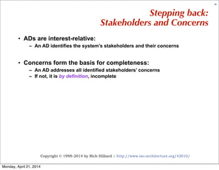Copyright © 1998–2014 by Rich Hilliard :: http://www.iso-architecture.org/42010/
69
Stepping back:
Stakeholders and Concer...