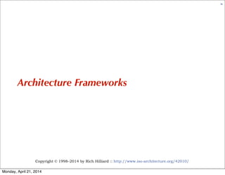 Copyright © 1998–2014 by Rich Hilliard :: http://www.iso-architecture.org/42010/
76
Architecture Frameworks
Monday, April ...
