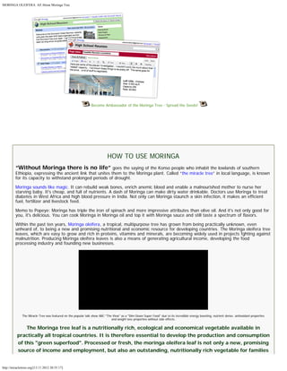 MORINGA OLEIFERA: All About Moringa Tree 
http://miracletrees.org/[13.11.2012 20:55:17] 
Become Ambassador of the Moringa Tree - Spread the Seeds! 
HOW TO USE MORINGA 
“Without Moringa there is no life” goes the saying of the Konso people who inhabit the lowlands of southern 
Ethiopia, expressing the ancient link that unites them to the Moringa plant. Called “the miracle tree” in local language, is known 
for its capacity to withstand prolonged periods of drought. 
Moringa sounds like magic. It can rebuild weak bones, enrich anemic blood and enable a malnourished mother to nurse her 
starving baby. It's cheap, and full of nutrients. A dash of Moringa can make dirty water drinkable. Doctors use Moringa to treat 
diabetes in West Africa and high blood pressure in India. Not only can Moringa staunch a skin infection, it makes an efficient 
fuel, fertilizer and livestock feed. 
Memo to Popeye: Moringa has triple the iron of spinach and more impressive attributes than olive oil. And it's not only good for 
you, it's delicious. You can cook Moringa in Moringa oil and top it with Moringa sauce and still taste a spectrum of flavors. 
Within the past ten years, Moringa oleifera, a tropical, multipurpose tree has grown from being practically unknown, even 
unheard of, to being a new and promising nutritional and economic resource for developing countries. The Moringa oleifera tree 
leaves, which are easy to grow and rich in proteins, vitamins and minerals, are becoming widely used in projects fghting against 
malnutrition. Producing Moringa oleifera leaves is also a means of generating agricultural income, developing the food 
processing industry and founding new businesses. 
The Miracle Tree was featured on the popular talk show ABC "The View" as a "Slim Down Super Food" due to its incredible energy boosting, nutrient dense, antioxidant properties 
and weight loss properties without side effects. 
The Moringa tree leaf is a nutritionally rich, ecological and economical vegetable available in 
practically all tropical countries. It is therefore essential to develop the production and consumption 
of this "green superfood". Processed or fresh, the moringa oleifera leaf is not only a new, promising 
source of income and employment, but also an outstanding, nutritionally rich vegetable for families 
 