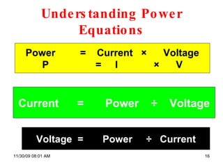 Understanding Power Equations 06/06/09   07:49 PM Power  =  Current  ×  Voltage P  =  I  ×  V Current  =  Power  ÷  Voltage Voltage  =  Power  ÷  Current 