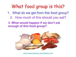What food group is this? What do we get from this food group? How much of this should you eat? 3. What would happen if we don’t eat enough of this food group? www.sciencetutors.zoomshare.com   