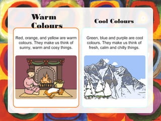 Warm
Colours
Red, orange, and yellow are warm
colours. They make us think of
sunny, warm and cosy things.
Cool Colours
Green, blue and purple are cool
colours. They make us think of
fresh, calm and chilly things.
 