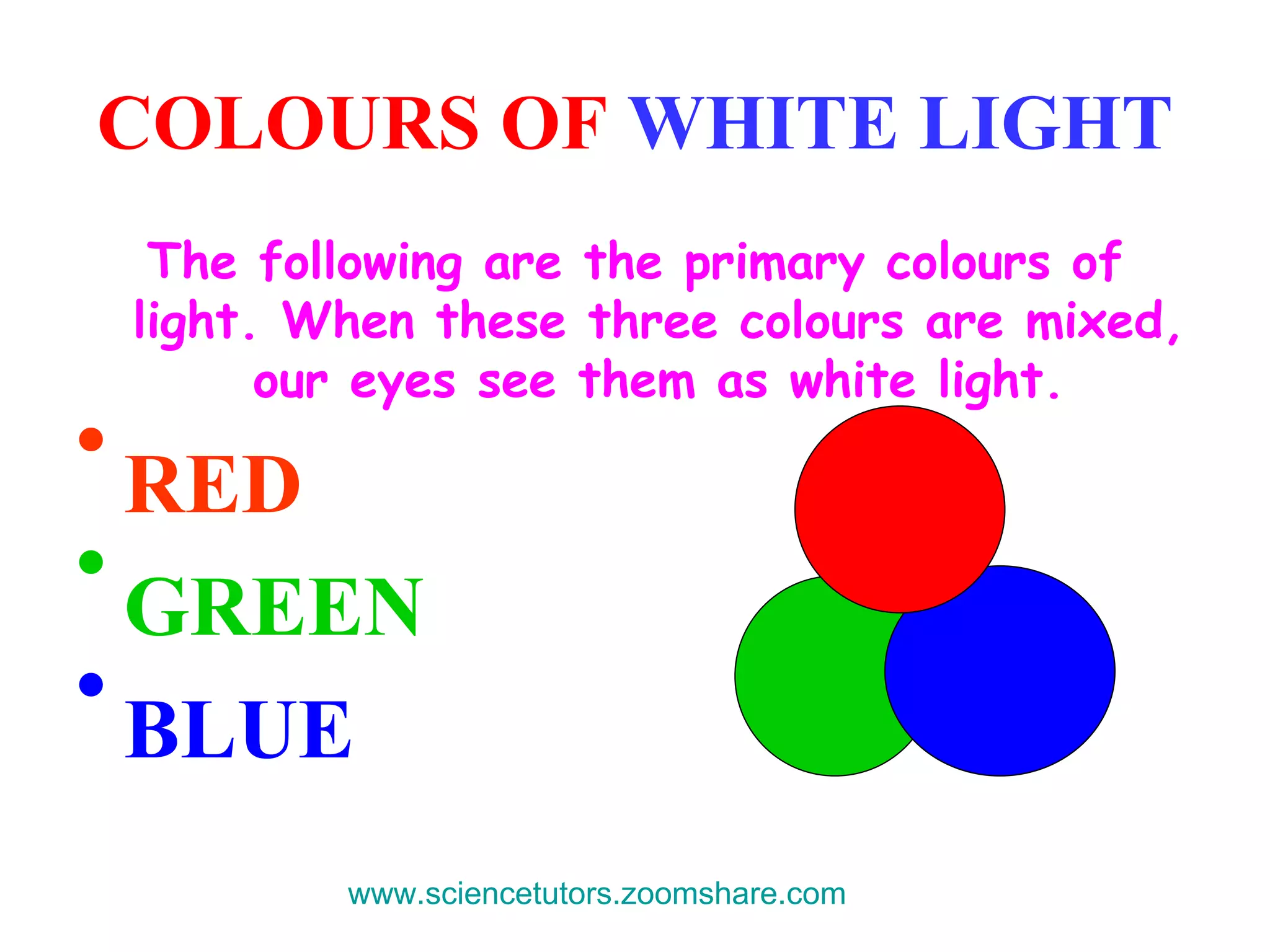 COLOURS OF  WHITE LIGHT The following are the primary colours of light. When these three colours are mixed, our eyes see them as white light. RED   GREEN  BLUE www.sciencetutors.zoomshare.com   