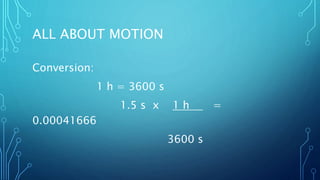 ALL ABOUT MOTION
Conversion:
1 h = 3600 s
1.5 s x 1 h =
0.00041666
3600 s
 