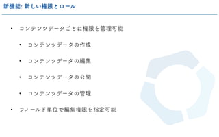 • コンテンツデータごとに権限を管理可能
• コンテンツデータの作成
• コンテンツデータの編集
• コンテンツデータの公開
• コンテンツデータの管理
• フィールド単位で編集権限を指定可能
新機能: 新しい権限とロール
 