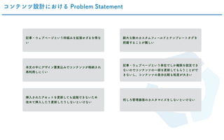 コンテンツ設計における Problem Statement
記事・ウェブページという枠組みを拡張せざるを得な
い
本文の中にデザイン要素込みでコンテンツが格納され
再利用しにくい
挿入されたアセットを更新しても追随できないため
改めて挿入したり更新したりしないといけない
膨大な数のカスタムフィールドとテンプレートタグを
把握することが難しい
記事・ウェブページという単位でしか権限を設定でき
ないのでコンテンツの一部を更新してもらうことがで
きないし、コンテンツの差分比較も粒度が大きい
何しろ管理画面のカスタマイズをしないといけない
 