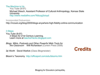 Credits The Machine is Us You Tube (8-07) Michael Wesch, Assistant Professor of Cultural Anthropology, Kansas State University  http://www.mediafire.com/?6duzg3zioyd Incorporated Subversion http://incsub.org/blog/2005/blogs-anywhere-high-fidelity-online-communication 3 Steps You Tube (8-07) 3 Steps for 21st Century Learning. Learn more at  teacherhacks.blogspot.com Blogs. Wikis, Podcasts and Other Powerful Web Tools for the Classroom   Will Richardson  (Corwin Press 2006) 2 ¢  Worth   David Warlick  (Class Blogmeister) Bloom’s Taxonomy   http://officeport.com/edu/blooms.htm 